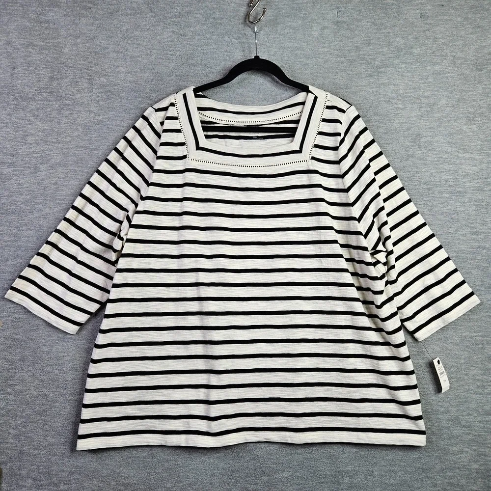 Talbots Plus Petite Women's 3XP Black White Striped Square Neck 3/4 Sleeve Top